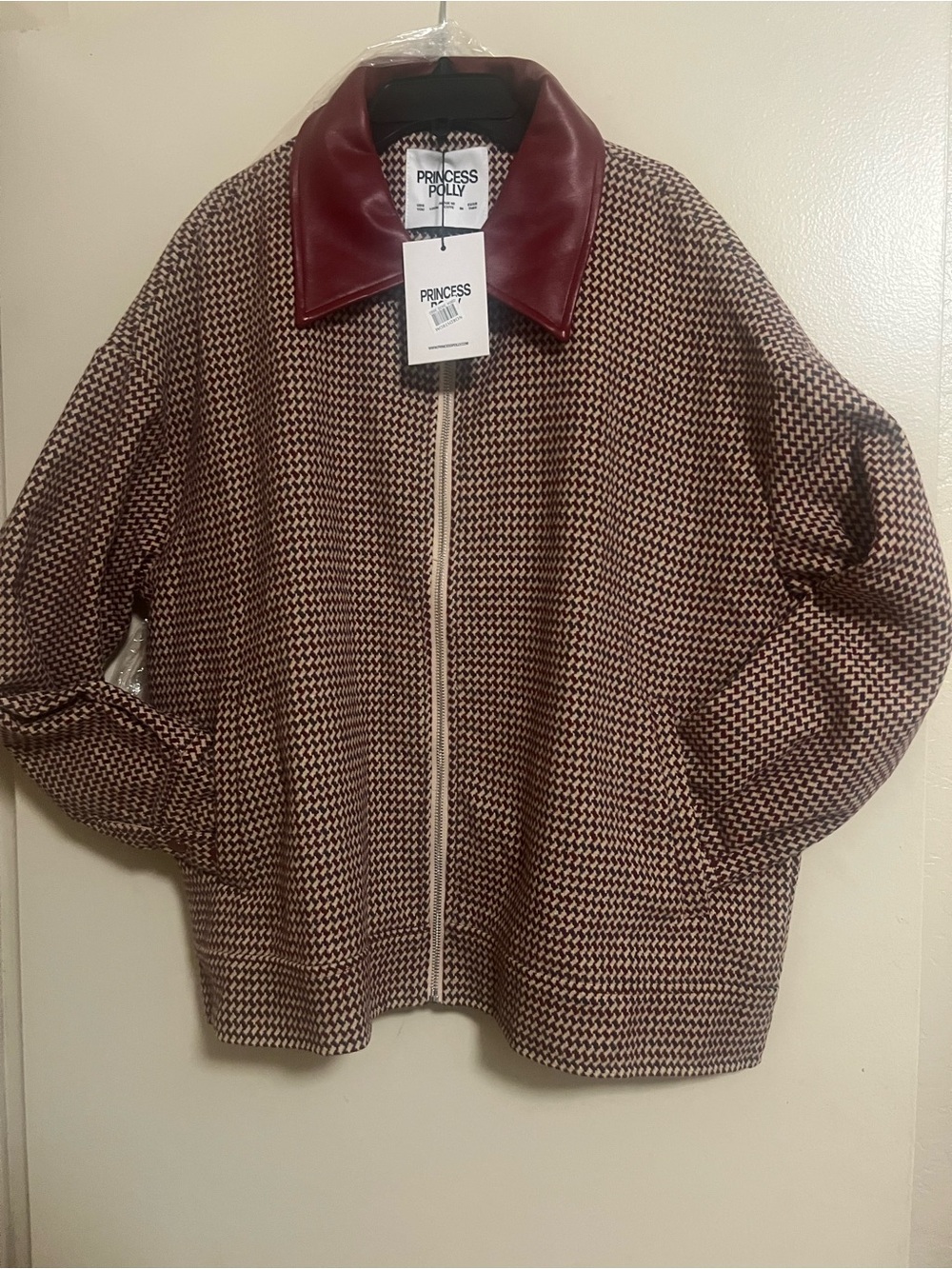 Princess Polly Burgundy & Brown Houndstooth Jacket with Leather Collar